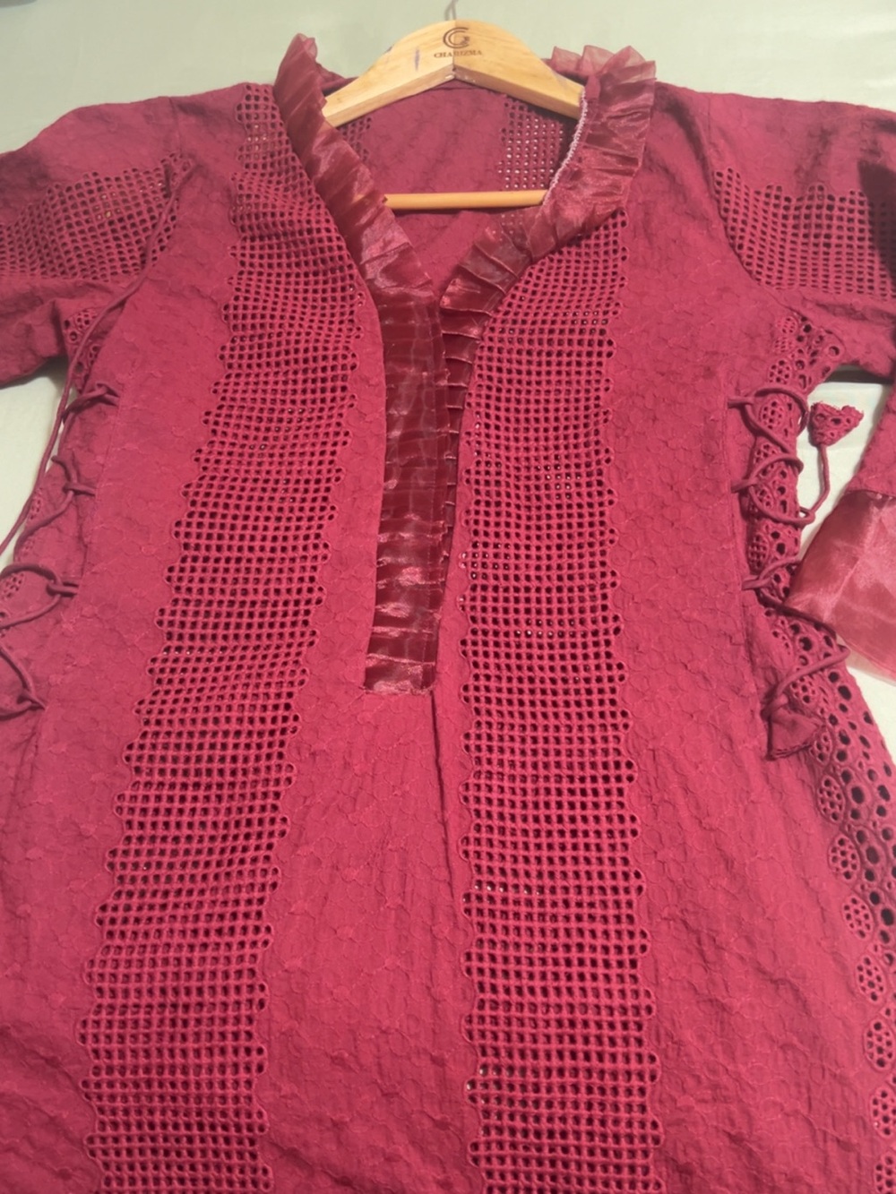 Red Lace Crochet Tunic with Velvet Trim